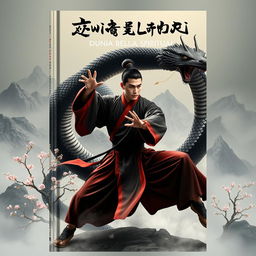 A compelling book cover design for 'Dunia Beladiri Spiritual' featuring a male martial artist in traditional Chinese style