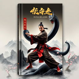 A compelling book cover design for 'Dunia Beladiri Spiritual' featuring a male martial artist in traditional Chinese style
