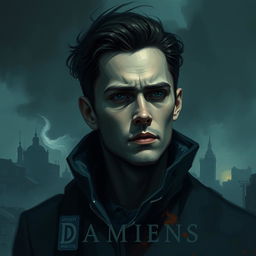 A captivating artistic portrait of a figure named 'Damiens', embodying a sense of mystery and depth