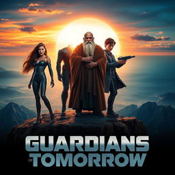A dramatic movie poster featuring a group of diverse heroes standing on a cliff overlooking a majestic landscape