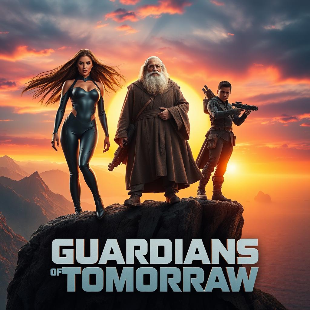 A dramatic movie poster featuring a group of diverse heroes standing on a cliff overlooking a majestic landscape