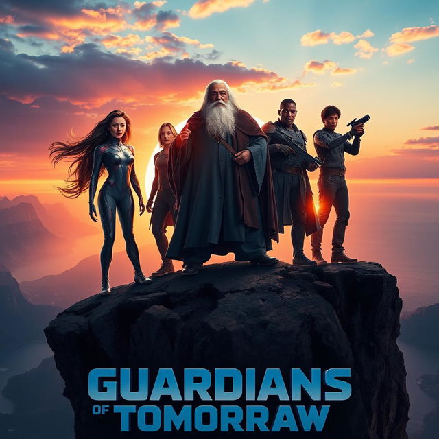 A dramatic movie poster featuring a group of diverse heroes standing on a cliff overlooking a majestic landscape