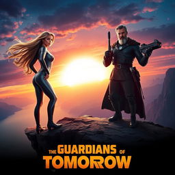 A dramatic movie poster featuring a group of diverse heroes standing on a cliff overlooking a majestic landscape