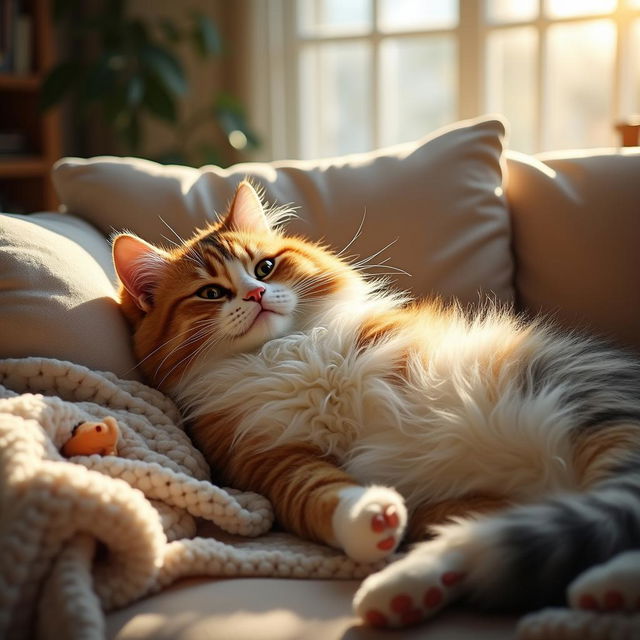 A large, fluffy cat lounging comfortably in a cozy living room, exuding a sense of contentment and relaxation