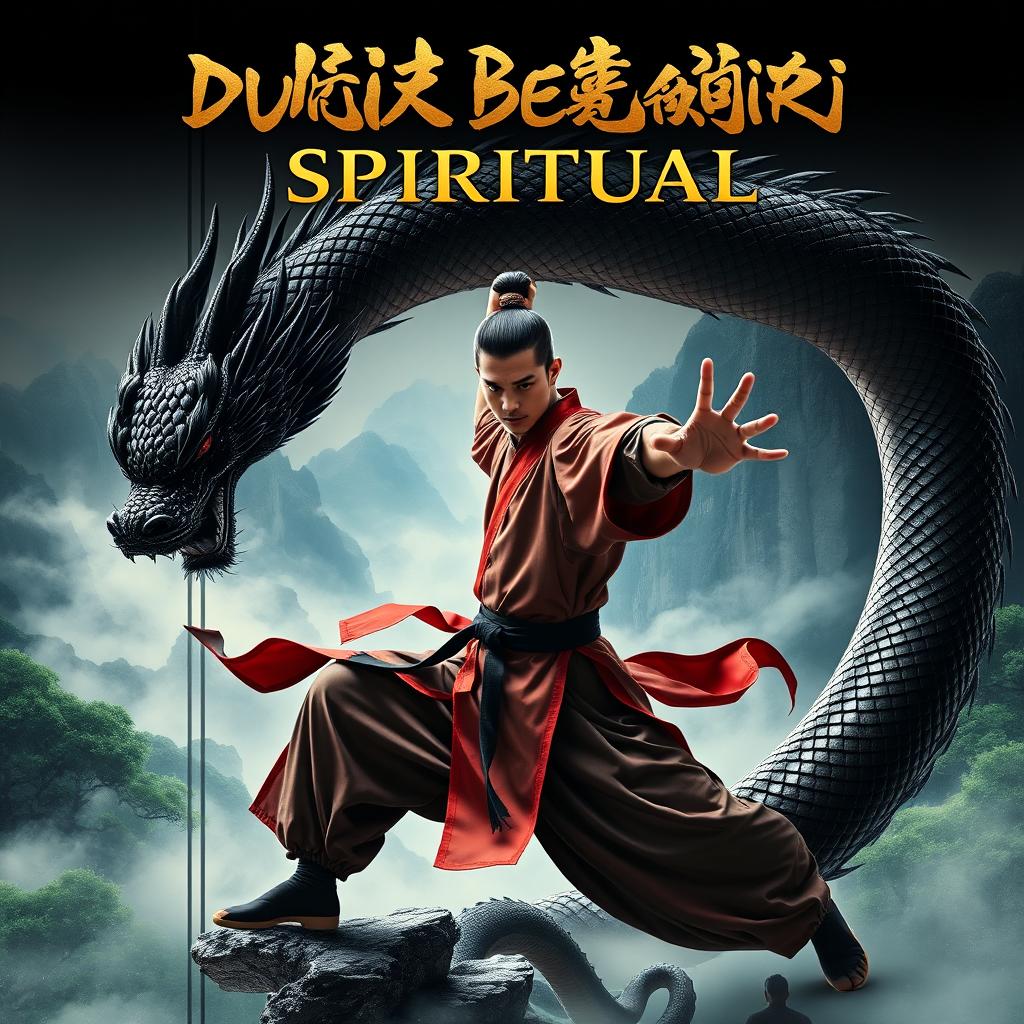 A visually stunning book cover for 'Dunia Beladiri Spiritual' featuring a male martial artist in traditional Chinese style