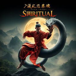 A visually stunning book cover for 'Dunia Beladiri Spiritual' featuring a male martial artist in traditional Chinese style