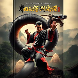 A visually stunning book cover for 'Dunia Beladiri Spiritual' featuring a male martial artist in traditional Chinese style