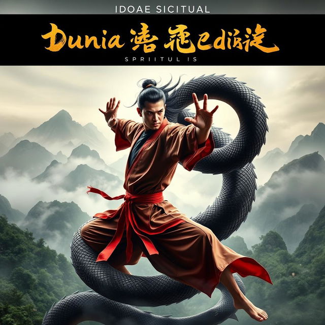 A visually stunning book cover for 'Dunia Beladiri Spiritual' featuring a male martial artist in traditional Chinese style