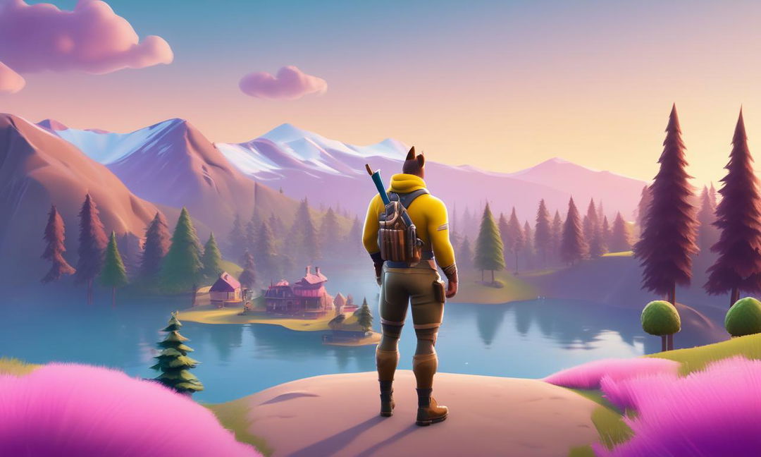 32k HD minimal Fortnite wallpaper inspired by Wes Anderson's aesthetic, featuring a centered character in a pastel landscape.