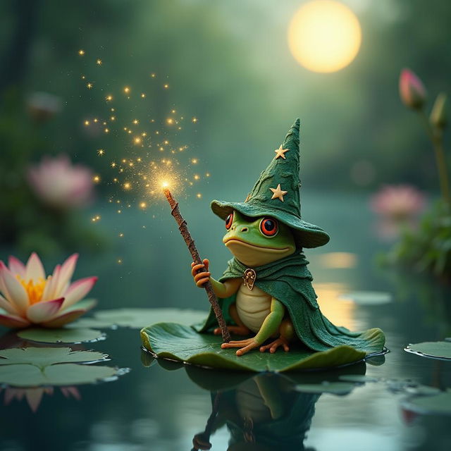 A charming and mystical scene featuring a whimsical frog holding a sparkling wand