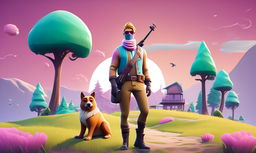 32k HD minimal Fortnite wallpaper inspired by Wes Anderson's aesthetic, featuring a centered character in a pastel landscape.