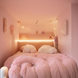 A cosy, cute bedroom adorned with light pastel colors, fluffy pillows, warm lights, and minimalist furniture.