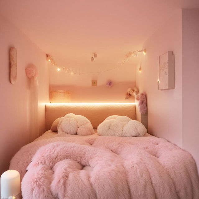 A cosy, cute bedroom adorned with light pastel colors, fluffy pillows, warm lights, and minimalist furniture.