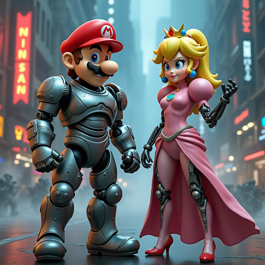 An imaginative fusion of classic video game characters: Mario portrayed as a futuristic Robocop, complete with a sleek armored suit and robotic enhancements, preparing for battle