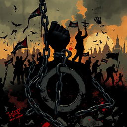 A deeply stirring and thought-provoking illustration reflecting on themes of 'state violence, Palestine, war on terror, and slavery'