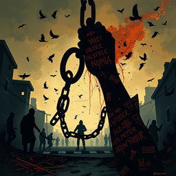 A deeply stirring and thought-provoking illustration reflecting on themes of 'state violence, Palestine, war on terror, and slavery'