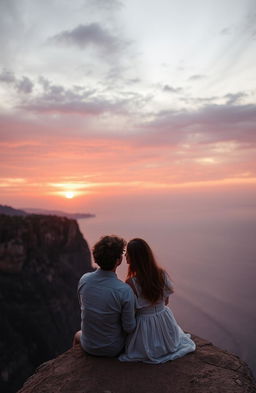 A romantic scene featuring a couple sitting on the edge of a dramatic cliff, gazing at a breathtaking sunset