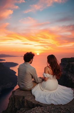 A romantic scene featuring a couple sitting on the edge of a dramatic cliff, gazing at a breathtaking sunset