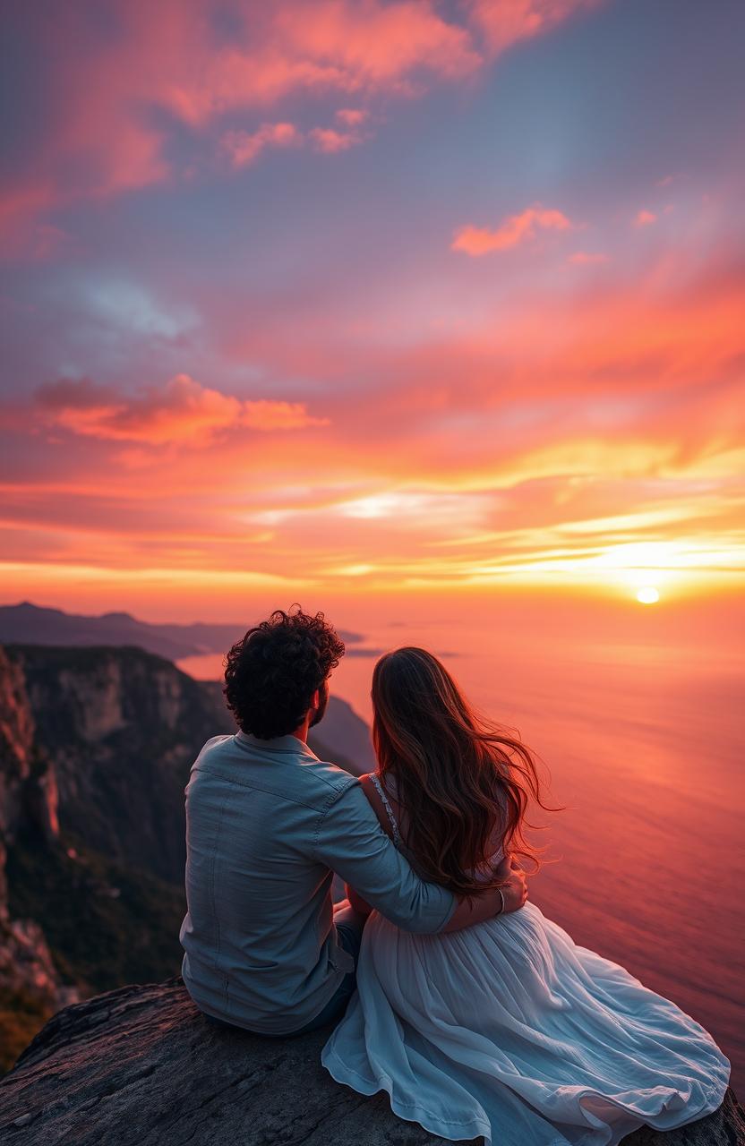 A romantic scene featuring a couple sitting on the edge of a dramatic cliff, gazing at a breathtaking sunset