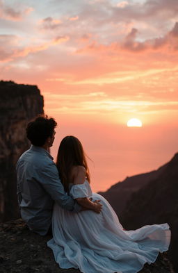 A romantic scene featuring a couple sitting on the edge of a dramatic cliff, gazing at a breathtaking sunset