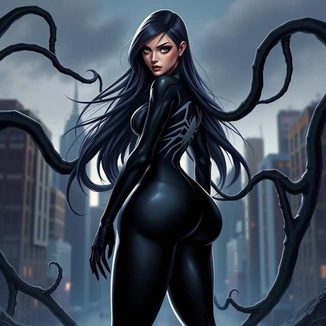 A female character inspired by Venom, featuring a sleek black symbiotic suit that accentuates her curves, especially a prominent large backside