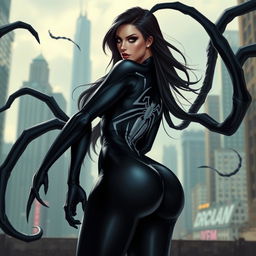 A female character inspired by Venom, featuring a sleek black symbiotic suit that accentuates her curves, especially a prominent large backside