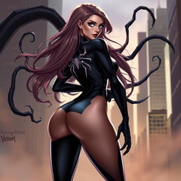 A female character inspired by Venom, featuring a sleek black symbiotic suit that accentuates her curves, especially a prominent large backside