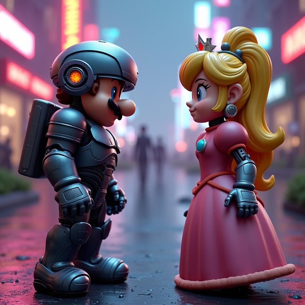 A vibrant 3D model scene depicting Mario as a futuristic RoboCop, complete with robotic armor and high-tech weaponry, standing ready for battle