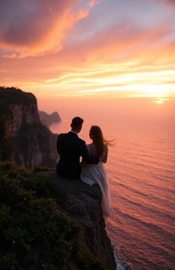 A romantic scene featuring a couple sitting on the edge of a majestic cliff, gazing at a breathtaking sunset