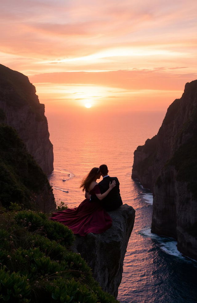 A romantic scene featuring a couple sitting on the edge of a majestic cliff, gazing at a breathtaking sunset