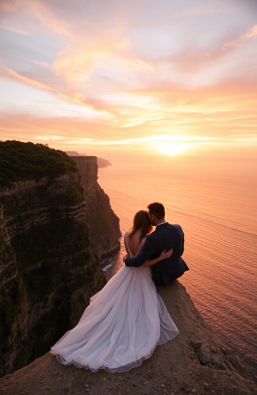 A romantic scene featuring a couple sitting on the edge of a majestic cliff, gazing at a breathtaking sunset