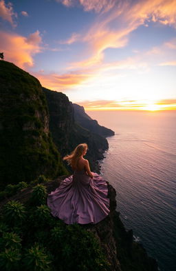 A romantic scene featuring a couple sitting on the edge of a majestic cliff, gazing at a breathtaking sunset