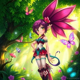 A vibrant and colorful fantasy scene showcasing an attractive futanari character, featuring striking hair and an alluring outfit, standing confidently in an enchanted forest