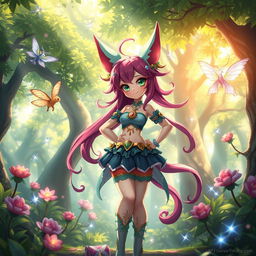 A vibrant and colorful fantasy scene showcasing an attractive futanari character, featuring striking hair and an alluring outfit, standing confidently in an enchanted forest