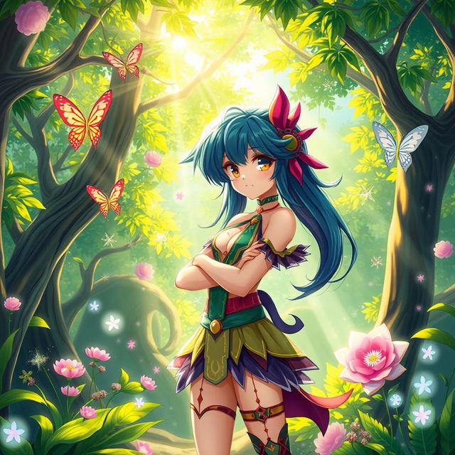 A vibrant and colorful fantasy scene showcasing an attractive futanari character, featuring striking hair and an alluring outfit, standing confidently in an enchanted forest