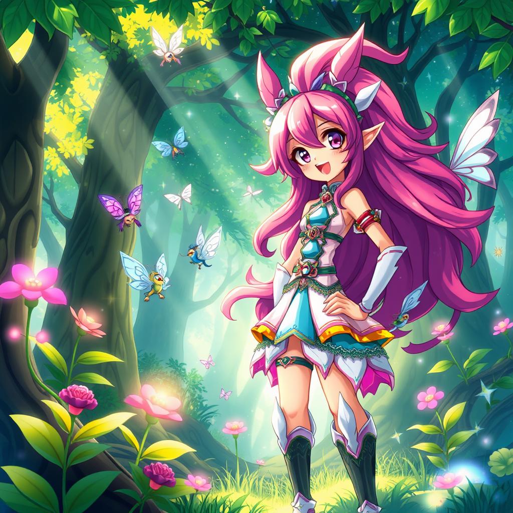 A vibrant and colorful fantasy scene showcasing an attractive futanari character, featuring striking hair and an alluring outfit, standing confidently in an enchanted forest