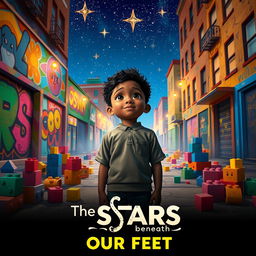 A captivating movie poster for the book "The Stars Beneath Our Feet", featuring a young Black boy standing in a vibrant urban landscape filled with colorful street art, toy building blocks scattered around, and twinkling stars in the night sky