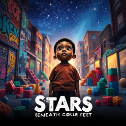 A captivating movie poster for the book "The Stars Beneath Our Feet", featuring a young Black boy standing in a vibrant urban landscape filled with colorful street art, toy building blocks scattered around, and twinkling stars in the night sky
