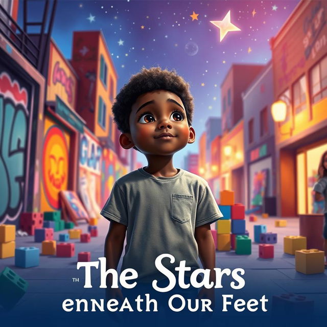 A captivating movie poster for the book "The Stars Beneath Our Feet", featuring a young Black boy standing in a vibrant urban landscape filled with colorful street art, toy building blocks scattered around, and twinkling stars in the night sky