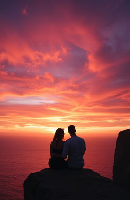 A romantic scene of a couple sitting closely together on the edge of a majestic cliff, gazing at a breathtaking sunset