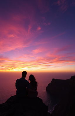 A romantic scene of a couple sitting closely together on the edge of a majestic cliff, gazing at a breathtaking sunset