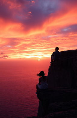 A romantic scene of a couple sitting closely together on the edge of a majestic cliff, gazing at a breathtaking sunset