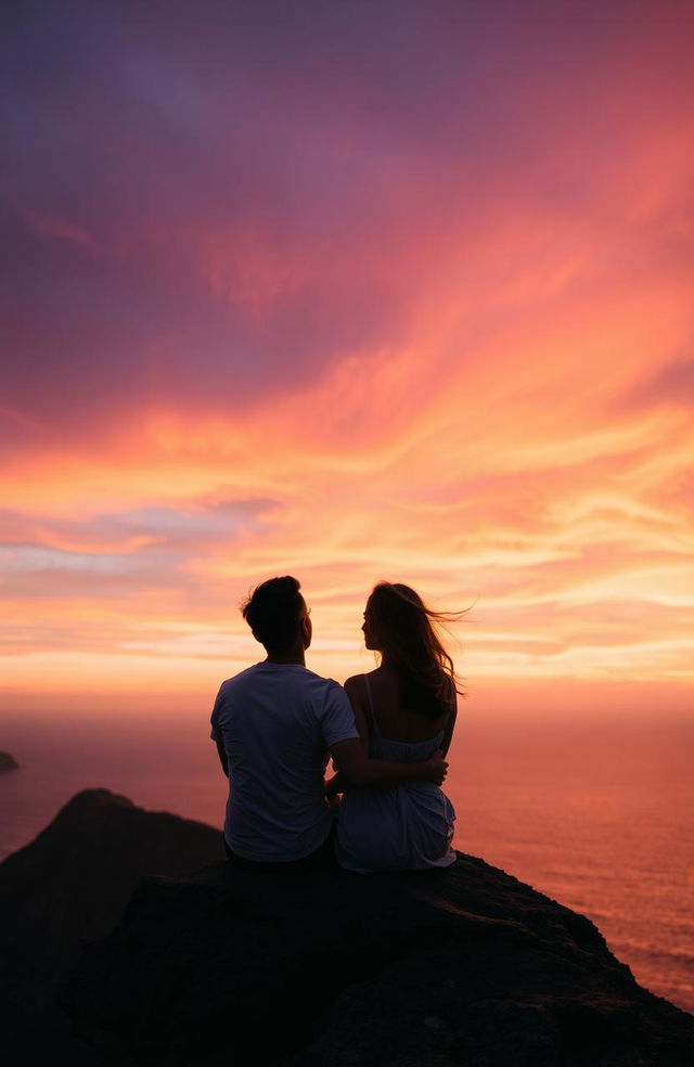 A romantic scene of a couple sitting closely together on the edge of a majestic cliff, gazing at a breathtaking sunset