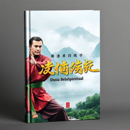 A visually striking book cover for 'Dunia Beladiri Spiritual', featuring a strong male figure dressed in traditional Chinese martial arts attire, poised in an action stance