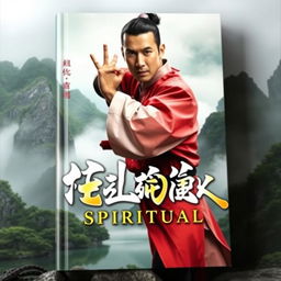 A visually striking book cover for 'Dunia Beladiri Spiritual', featuring a strong male figure dressed in traditional Chinese martial arts attire, poised in an action stance