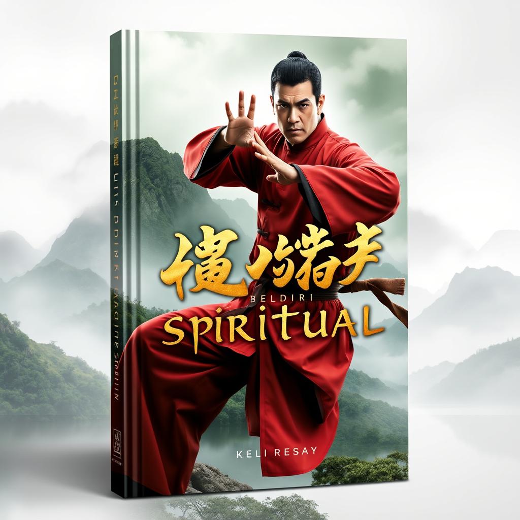 A visually striking book cover for 'Dunia Beladiri Spiritual', featuring a strong male figure dressed in traditional Chinese martial arts attire, poised in an action stance