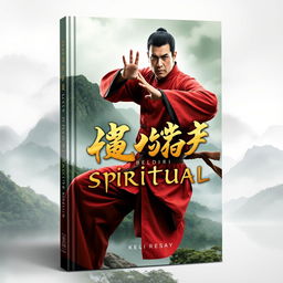 A visually striking book cover for 'Dunia Beladiri Spiritual', featuring a strong male figure dressed in traditional Chinese martial arts attire, poised in an action stance