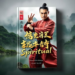 A visually striking book cover for 'Dunia Beladiri Spiritual', featuring a strong male figure dressed in traditional Chinese martial arts attire, poised in an action stance