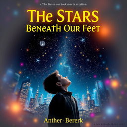 A striking movie poster inspired by the book 'The Stars Beneath Our Feet', featuring a central figure of a young boy gazing up at a star-filled night sky, surrounded by colorful lights and whimsical patterns