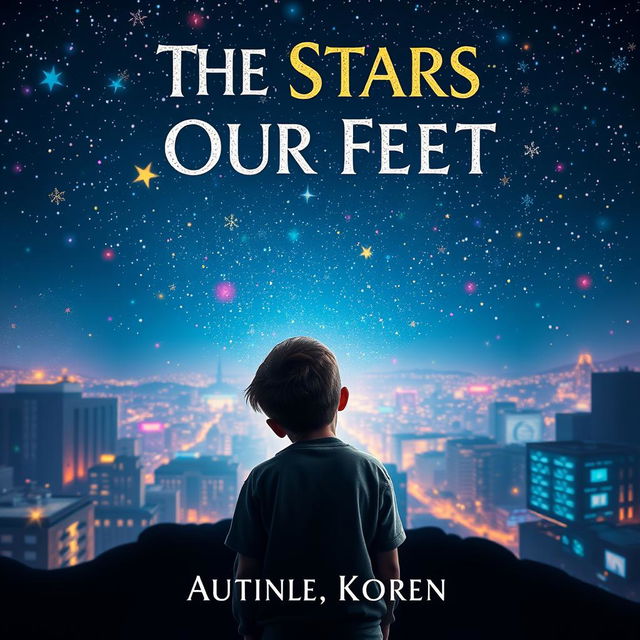 A striking movie poster inspired by the book 'The Stars Beneath Our Feet', featuring a central figure of a young boy gazing up at a star-filled night sky, surrounded by colorful lights and whimsical patterns